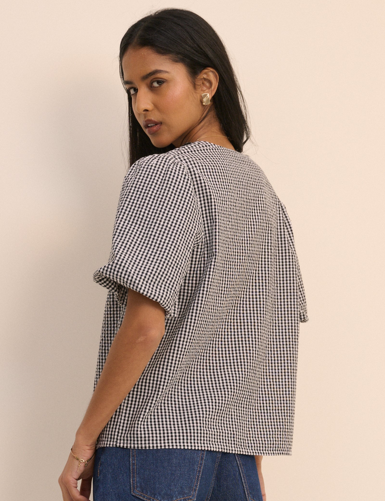 Black and White Gingham Puff Sleeve Isla Top