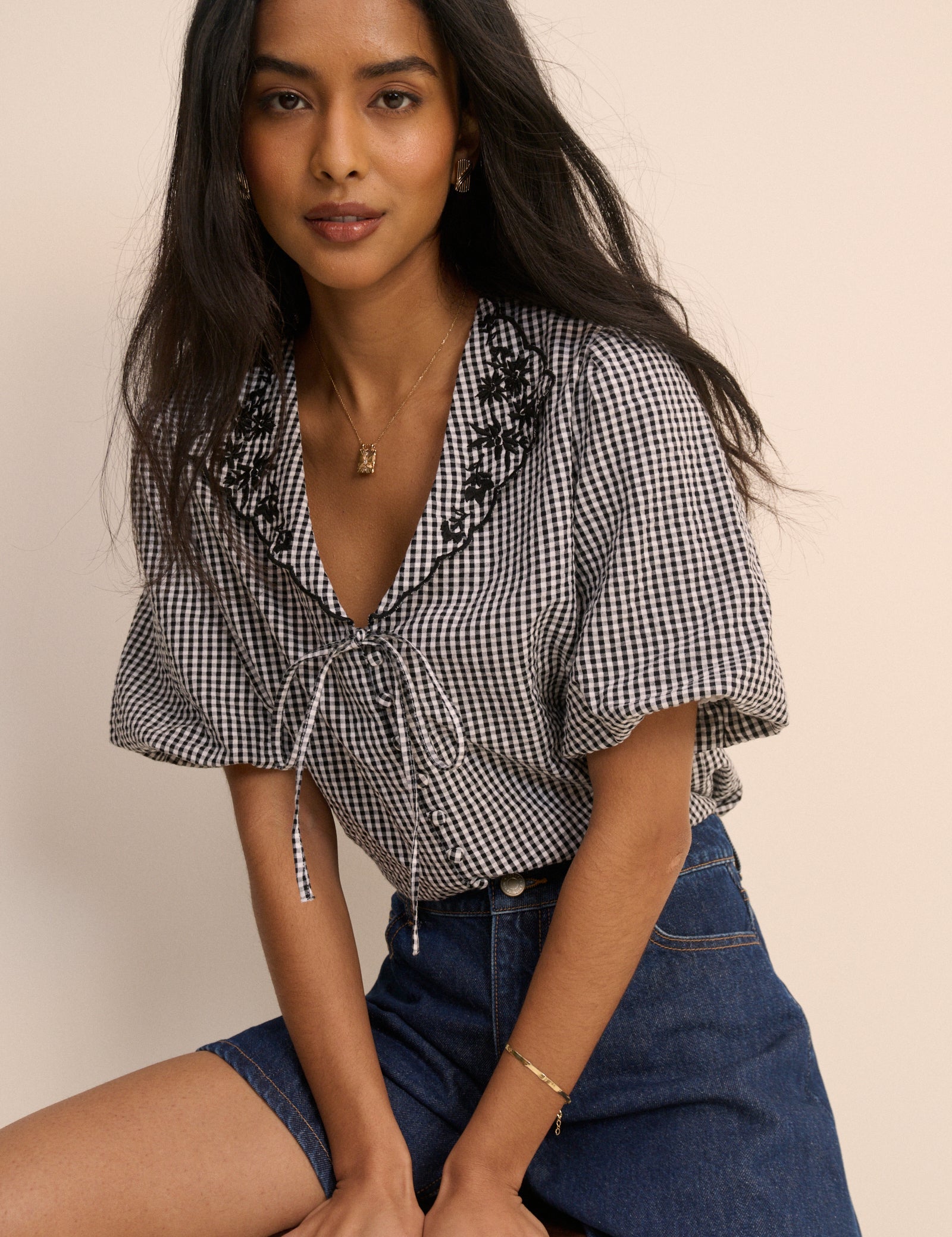 Black and White Gingham Puff Sleeve Isla Top