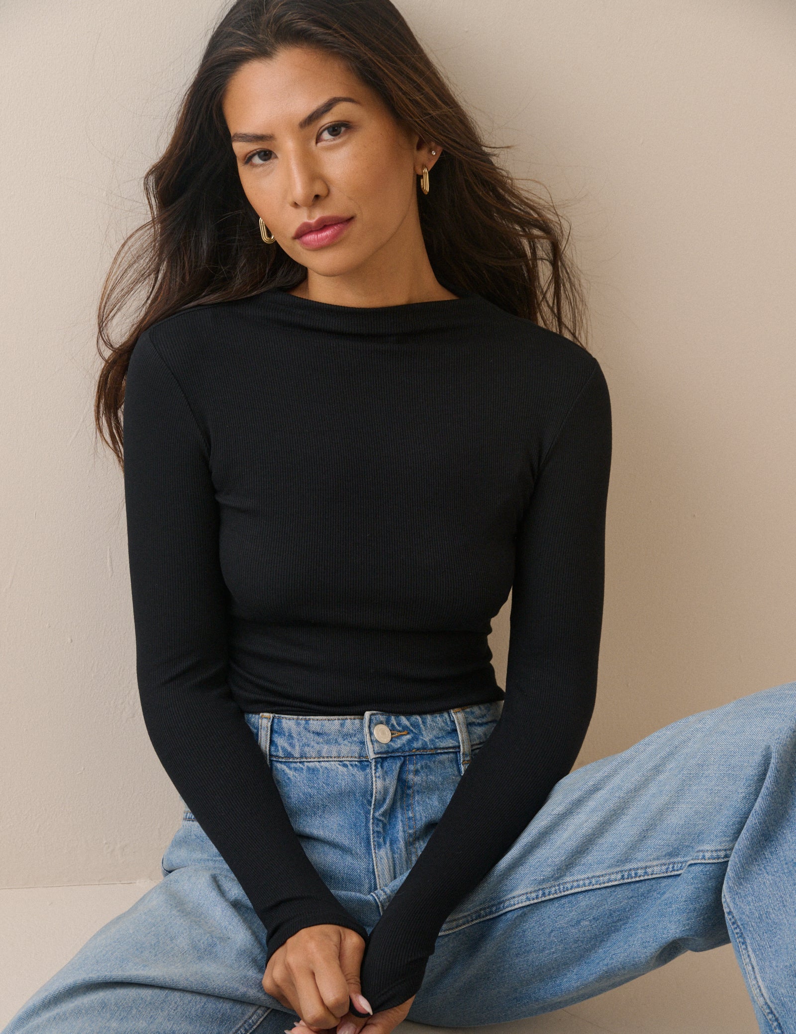 Black Ribbed Boat Neck Jersey Top