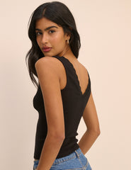 Black Ribbed V-Neck Lace Trim Vest