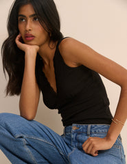 Black Ribbed V-Neck Lace Trim Vest
