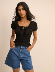 Black Embroidered Puff Sleeve Shirred Bodice Top