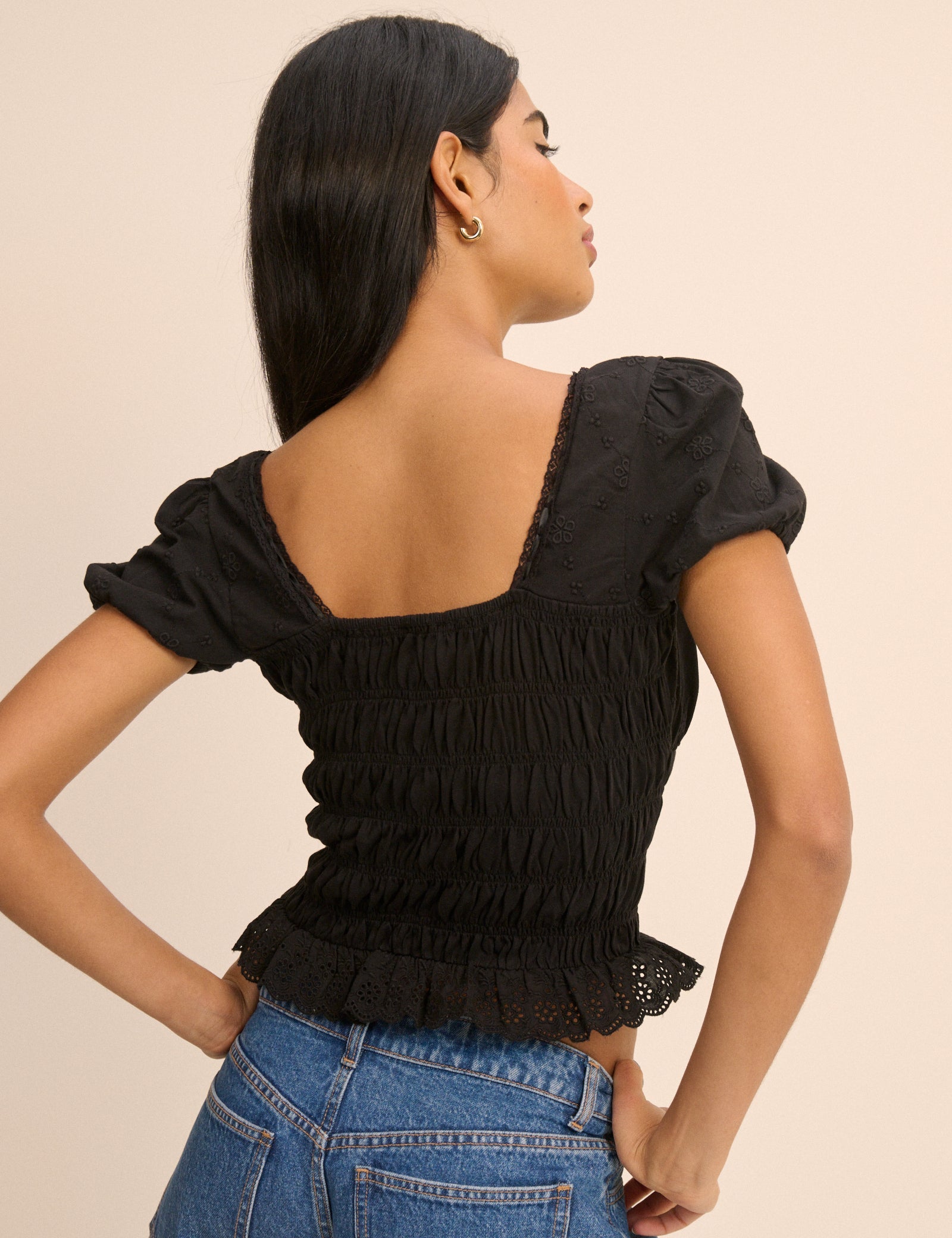 Black Embroidered Puff Sleeve Shirred Bodice Top