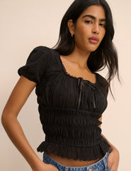 Black Embroidered Puff Sleeve Shirred Bodice Top