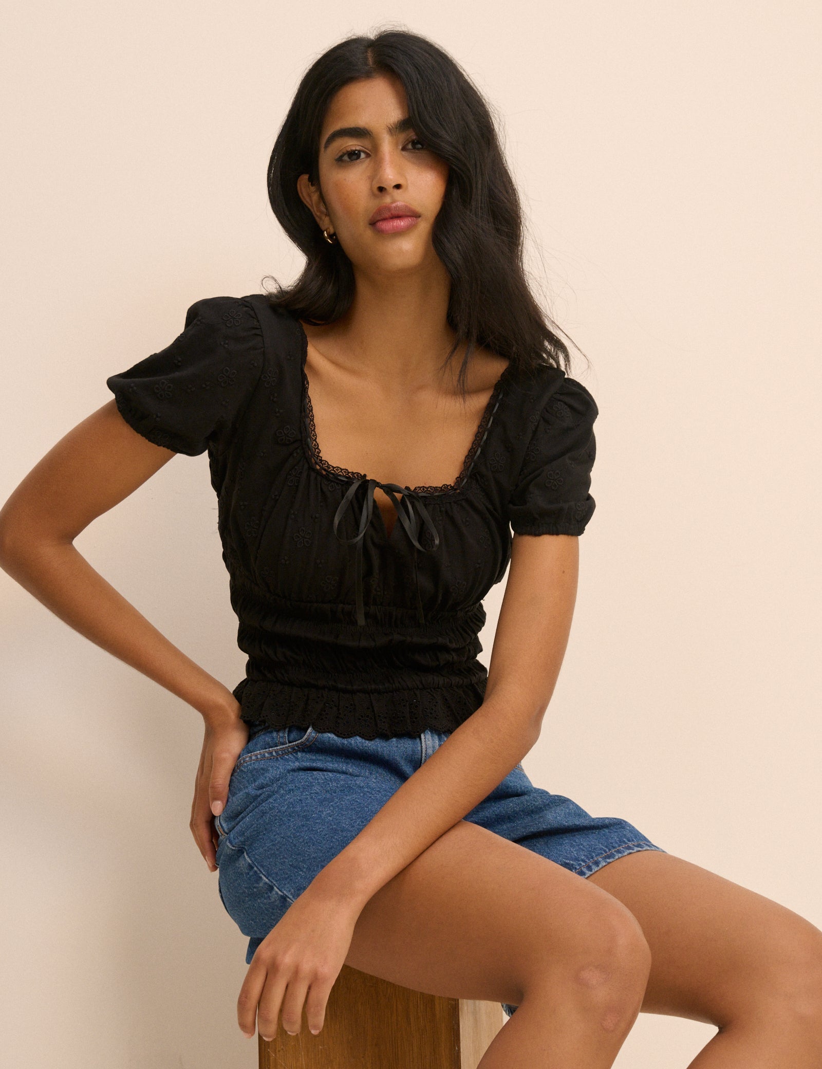 Black Embroidered Puff Sleeve Shirred Bodice Top
