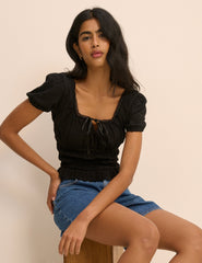 Black Embroidered Puff Sleeve Shirred Bodice Top
