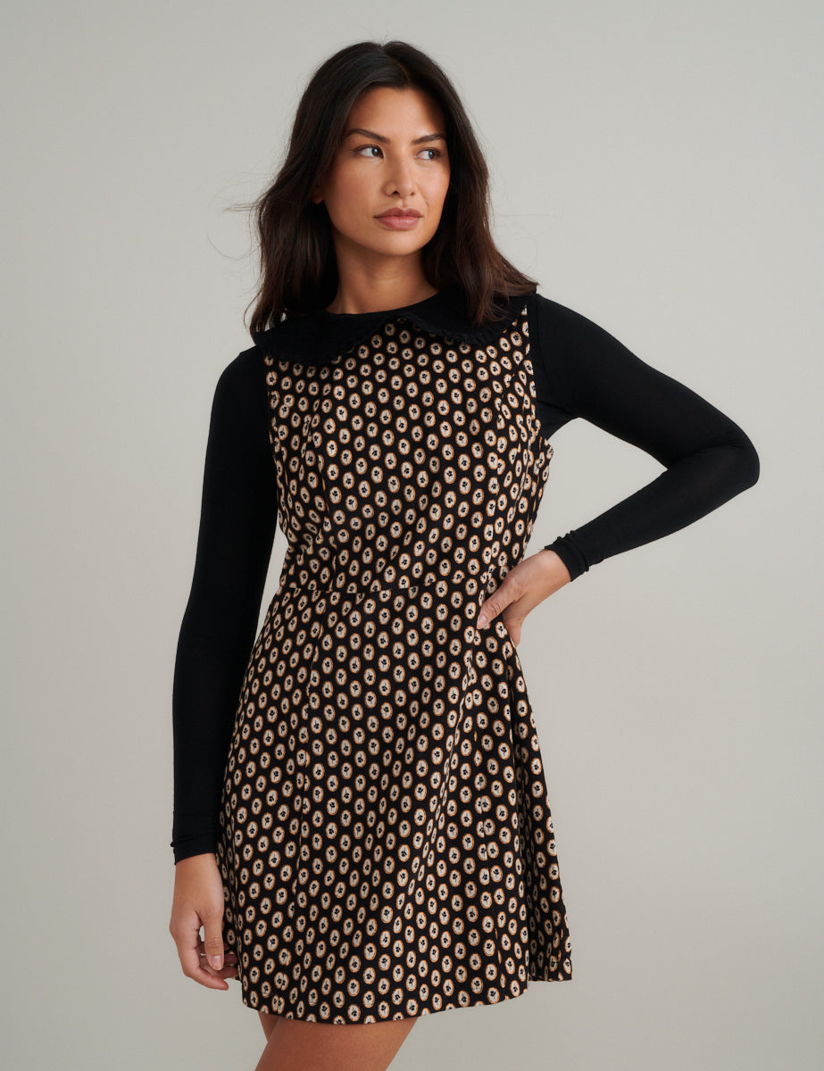 Black Printed Maple Pinafore Mini Dress