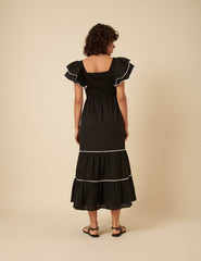 Black Contrast Trim Frill Shoulder Midi Dress