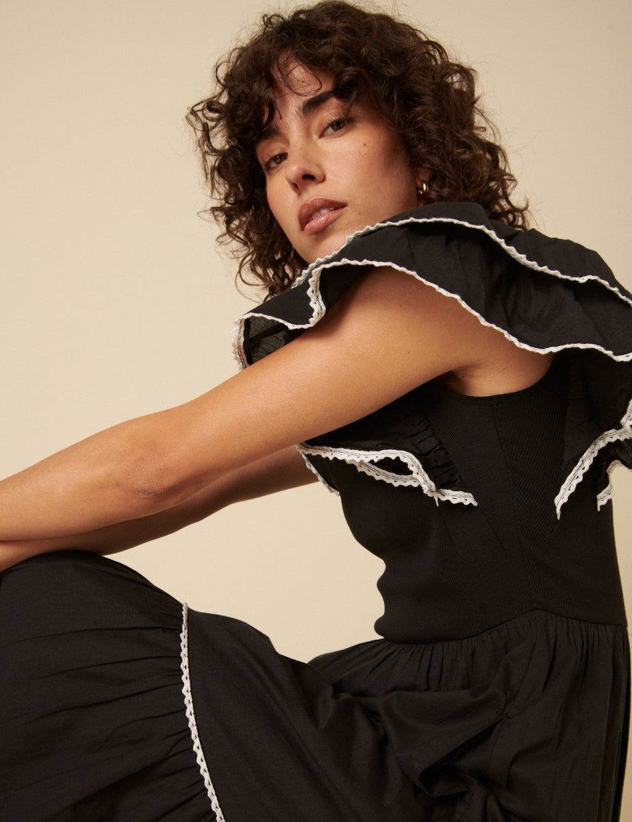 Black Contrast Trim Frill Shoulder Midi Dress