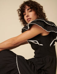 Black Contrast Trim Frill Shoulder Midi Dress