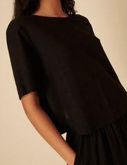 Black Linen-blend Short Sleeve Top