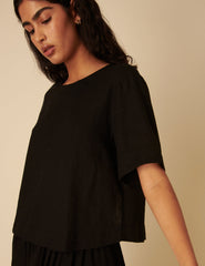 Black Linen-blend Short Sleeve Top