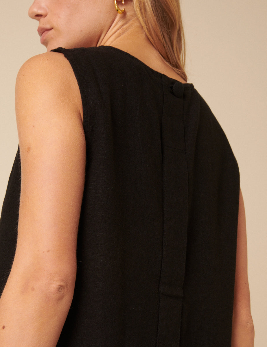 Black Linen-Blend Swing Top