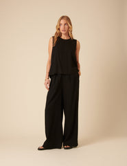 Black Linen-Blend Swing Top