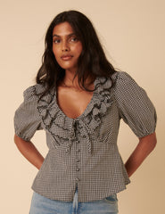 Black Gingham Frill Top