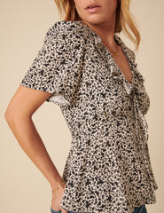 Black Floral Frill Sleeve Top