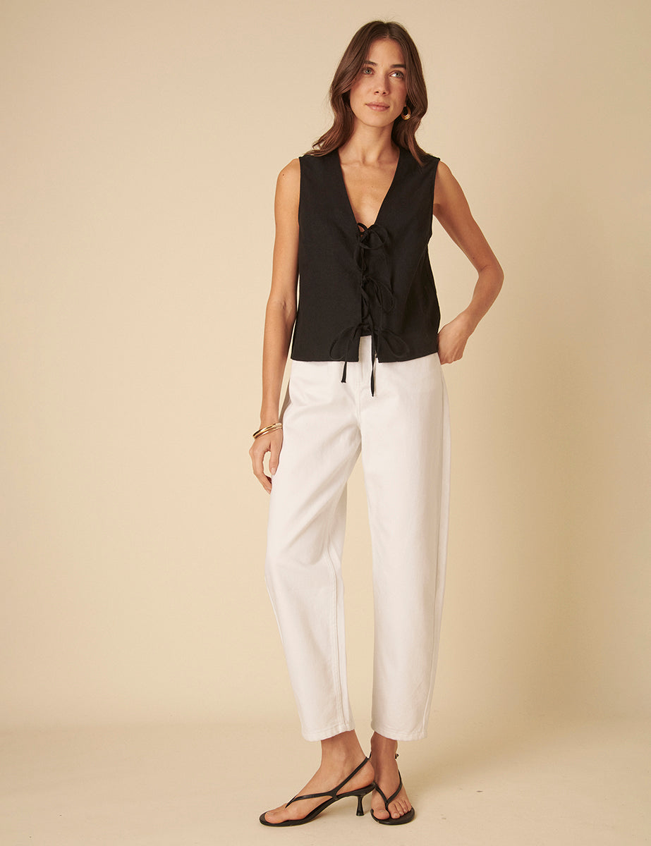 Black Linen-Blend Tie Front Tessa Top