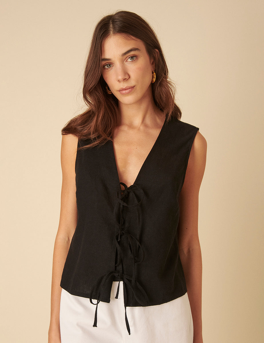 Black Linen-Blend Tie Front Tessa Top
