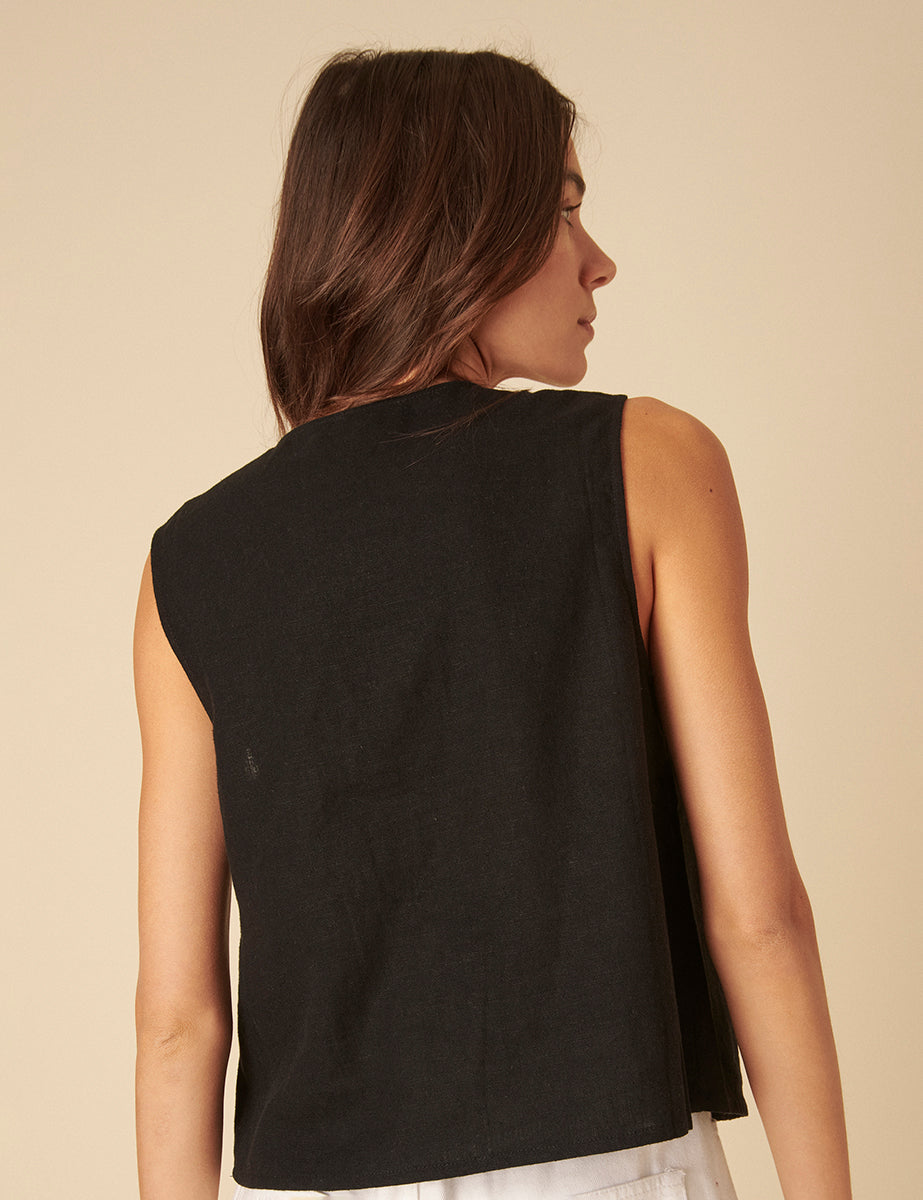 Black Linen-Blend Tie Front Tessa Top