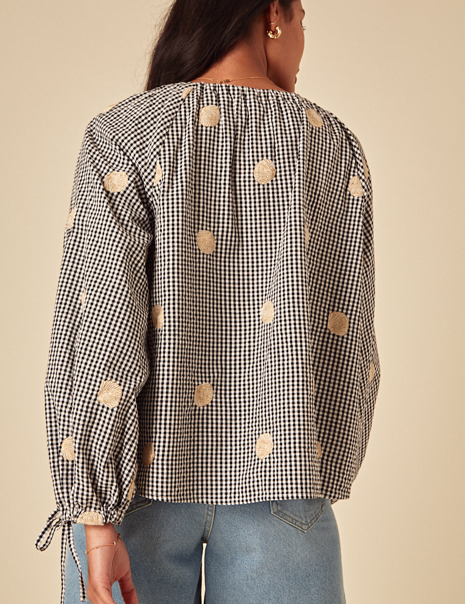 Black Gingham Shell Embroidered Poet Blouse