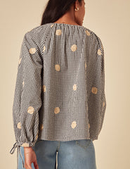 Black Gingham Shell Embroidered Poet Blouse