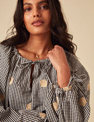 Black Gingham Shell Embroidered Poet Blouse