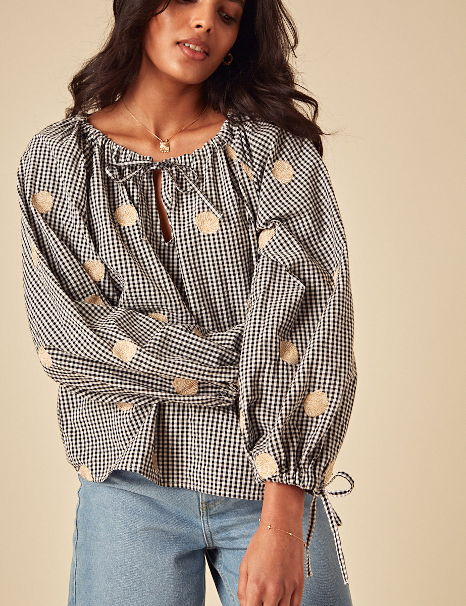 Black Gingham Shell Embroidered Poet Blouse