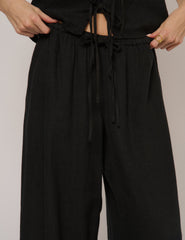 Black Linen-Blend Low Waisted Straight Leg Trousers