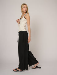 Black Linen-Blend Low Waisted Straight Leg Trousers