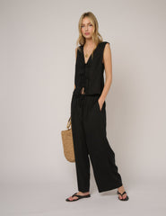 Black Linen-Blend Low Waisted Straight Leg Trousers